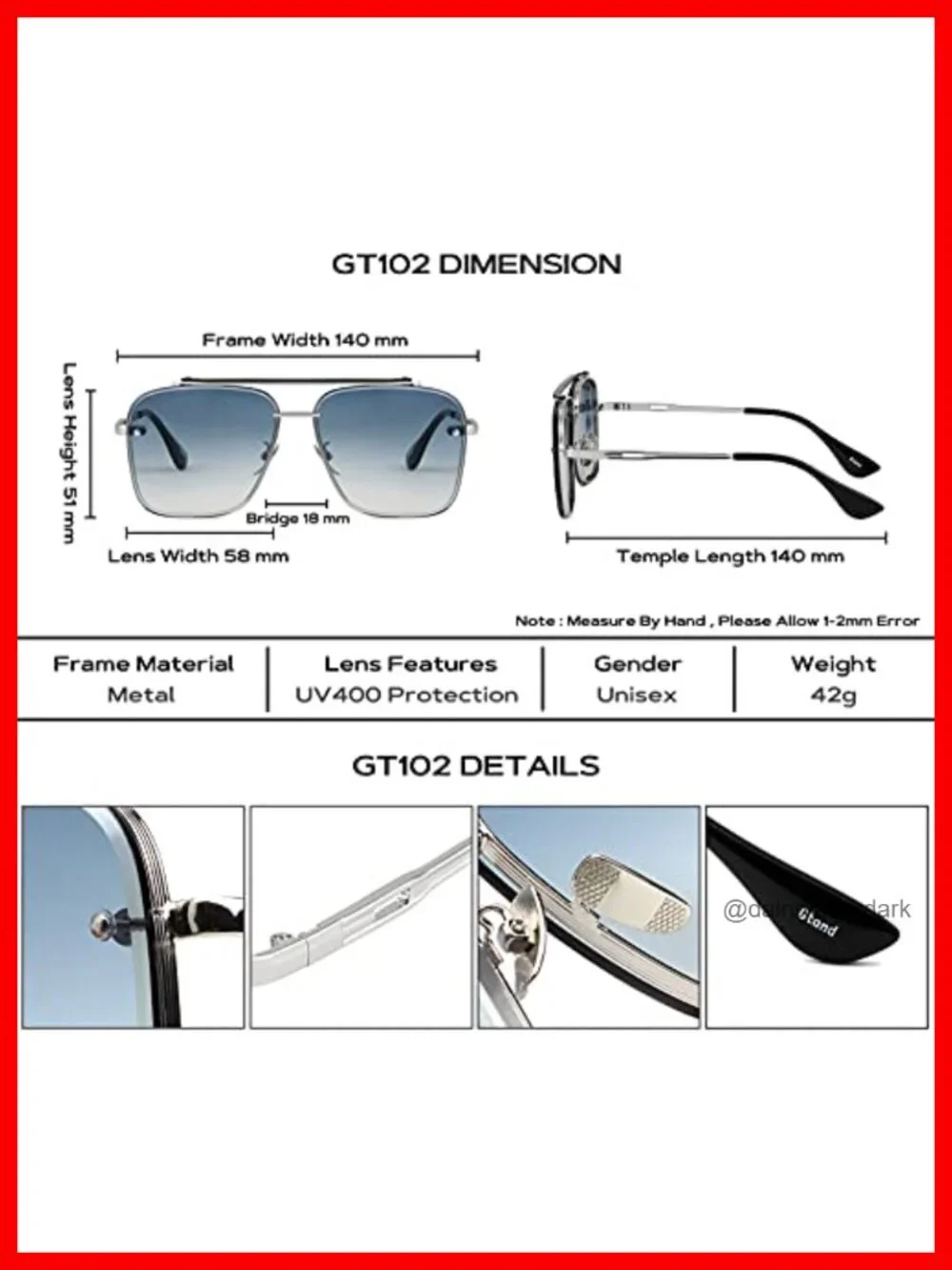 Square Aviator Metal Frame Gradient Sunglasses with UV400 Protection